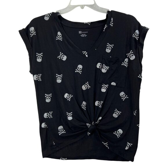 Black Skull Crossbones Knot Front Top Womens L Pocket Tee Goth By No Boundaries - Picture 1 of 11